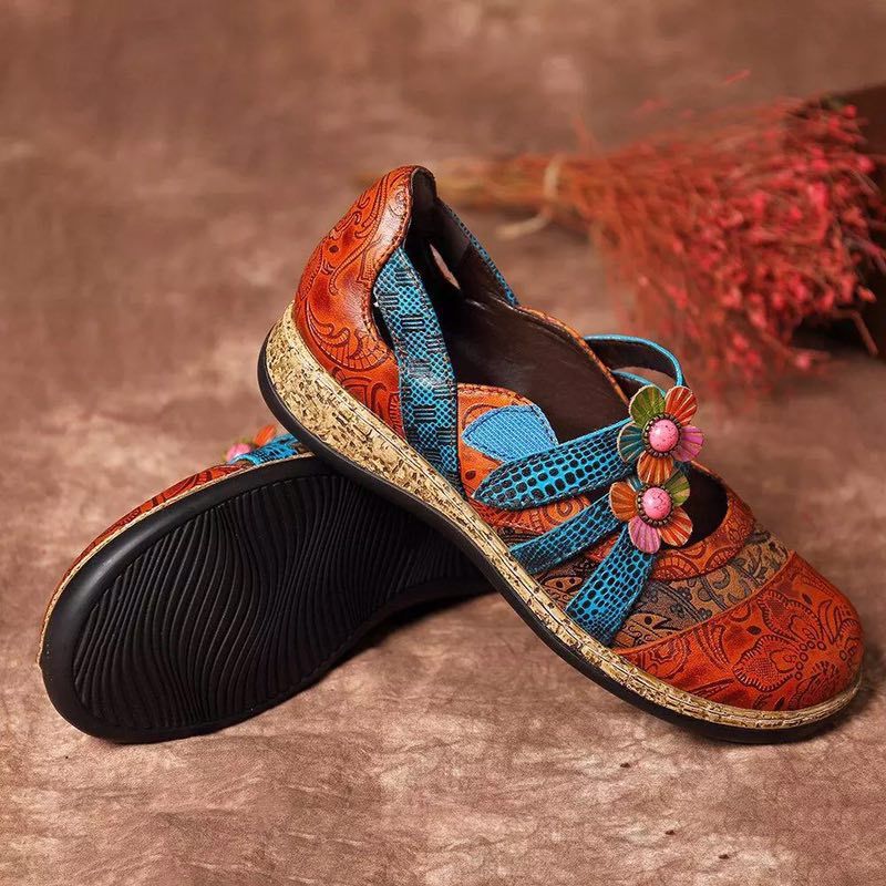 Retro British Floral Leather Combination Wild Little Girls Striped Wedge Flat Ladies Single Sandals