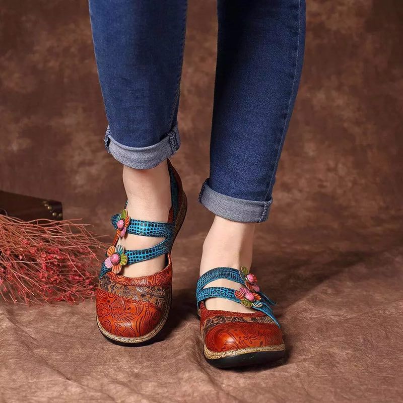 Retro British Floral Leather Combination Wild Little Girls Striped Wedge Flat Ladies Single Sandals