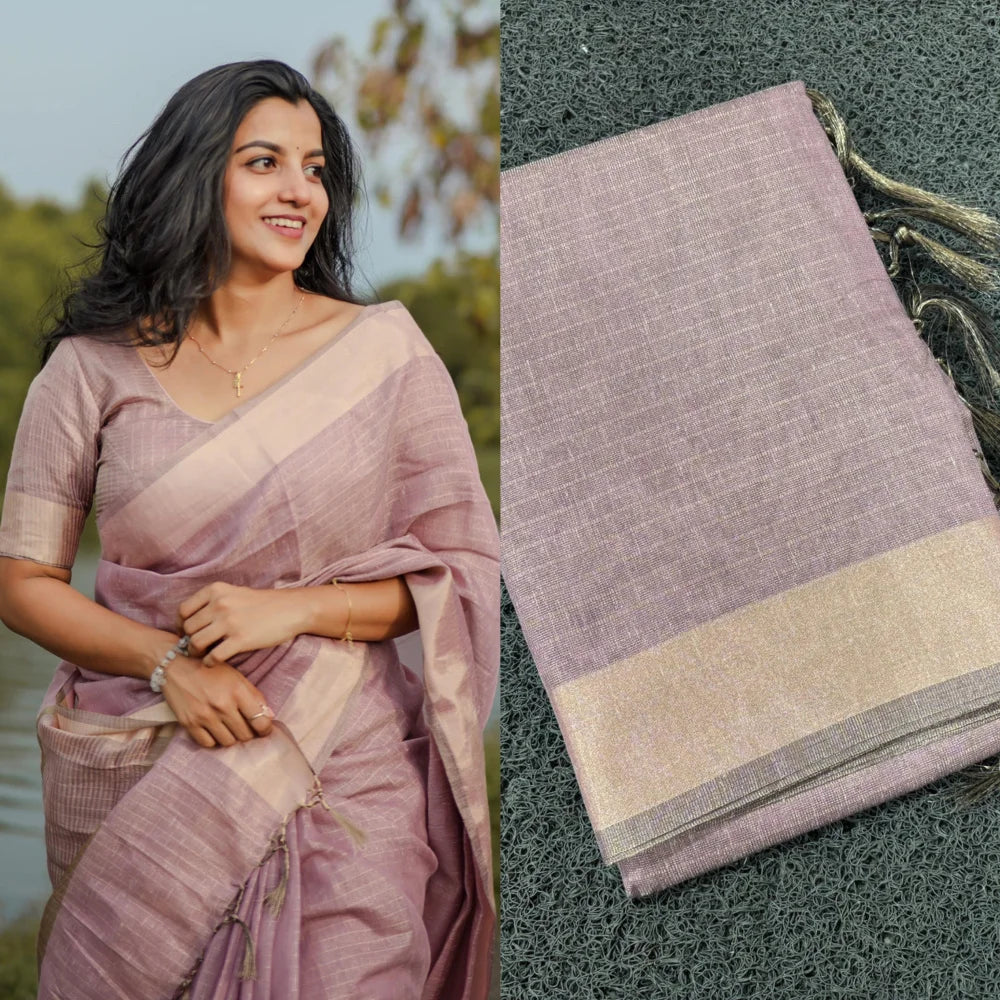 Premium Tissue Cotton Blend Traditional Saree -Lavender Pink, Solid Pattern