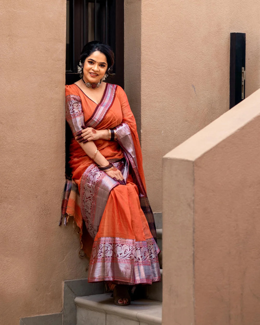 Elegant Orange Cotton Saree with Silver Saree Border