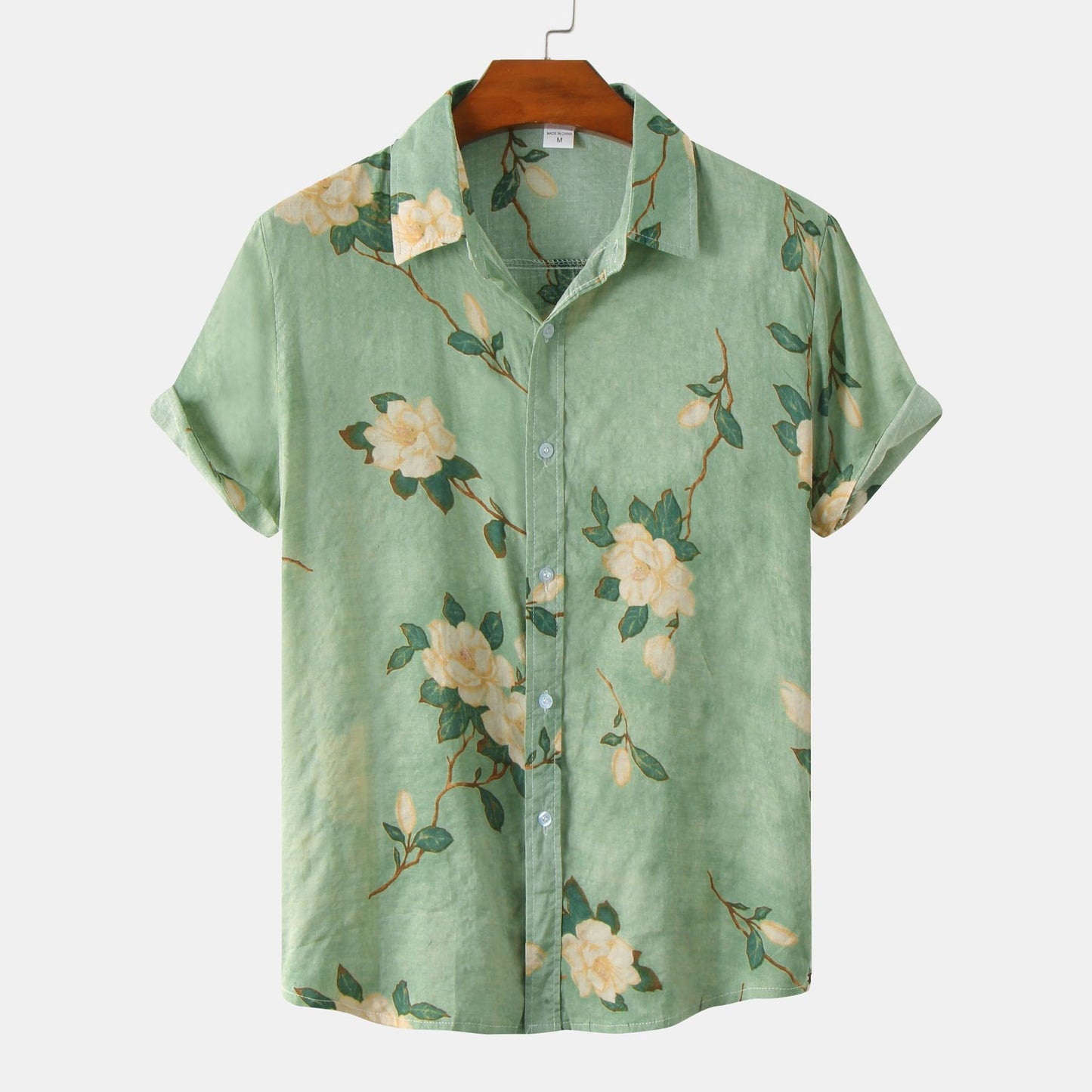 Men's Loose Printed Cotton And Linen Short-sleeved Shirt