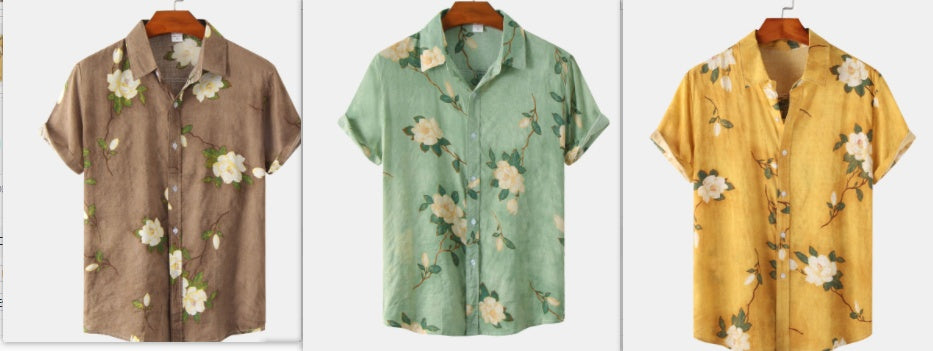 Men's Loose Printed Cotton And Linen Short-sleeved Shirt