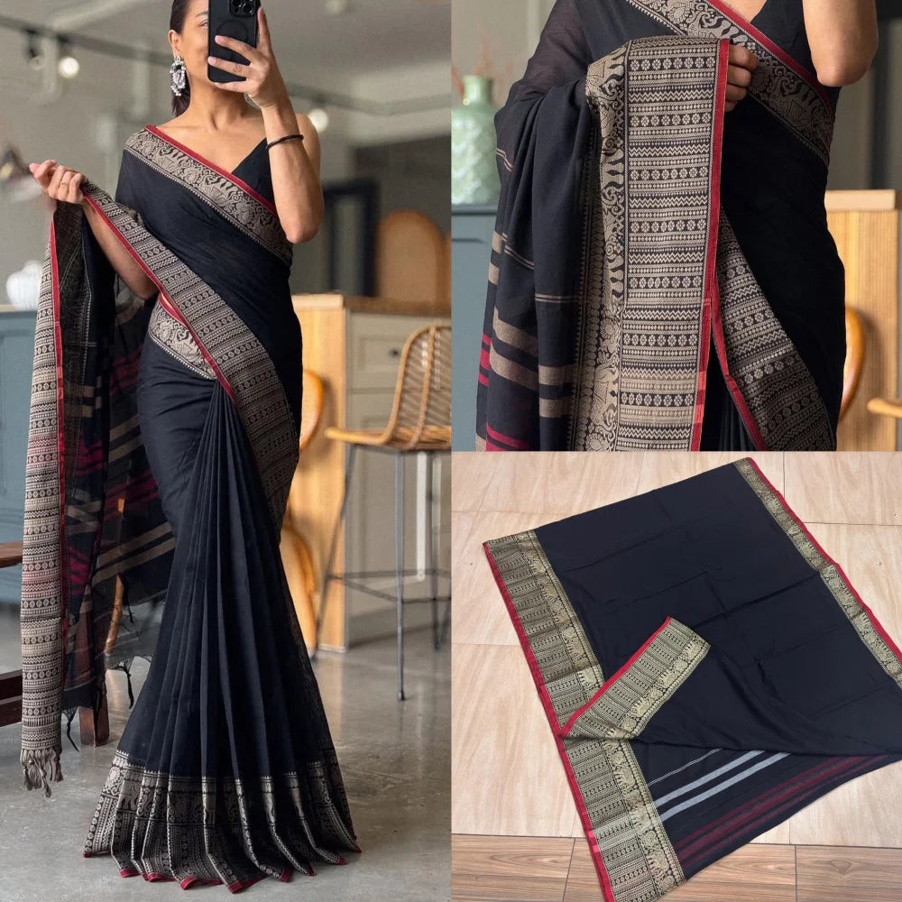 Black Cotton Saree with Red & Gold Zari Border – 6.10 Meters
