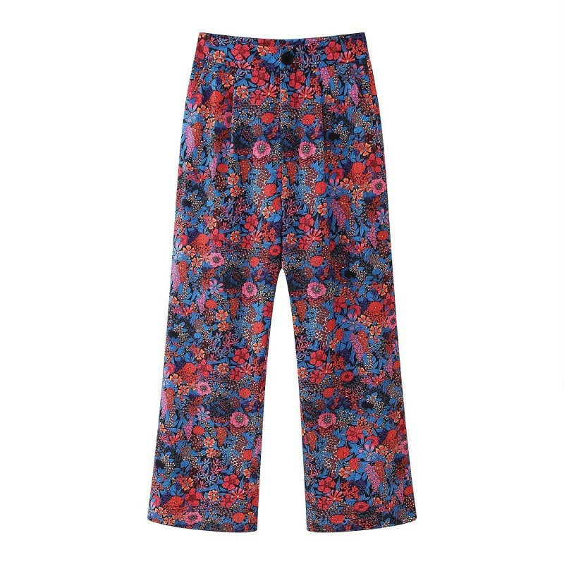 Flower Print Bowknot Decoration Short Sleeve Top Straight Casual Trousers Suit