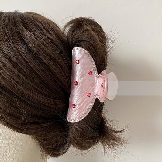 Exquisite Rhinestone Love Pink Grip Japanese And Korean Ins Sweet Girly Exquisite Back Head Shark Clip New Female