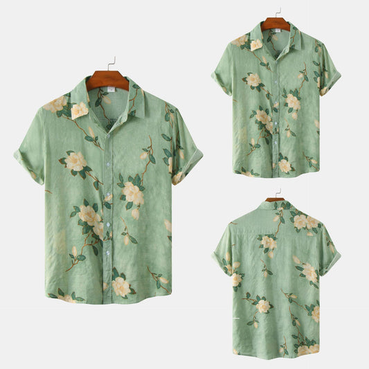 Men's Loose Printed Cotton And Linen Short-sleeved Shirt