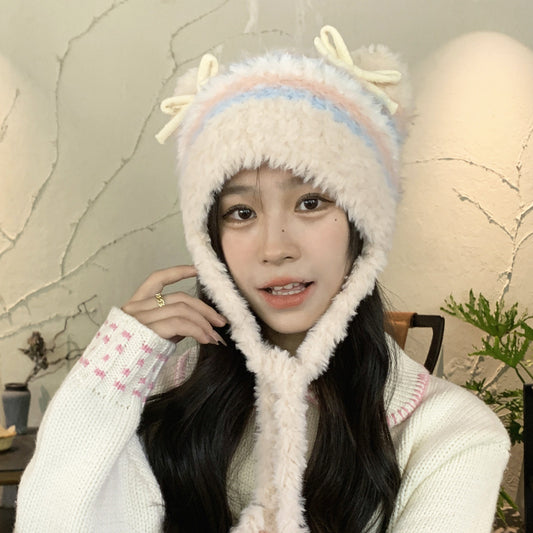 Fashion Striped Bow Plush Earmuffs Hat Women