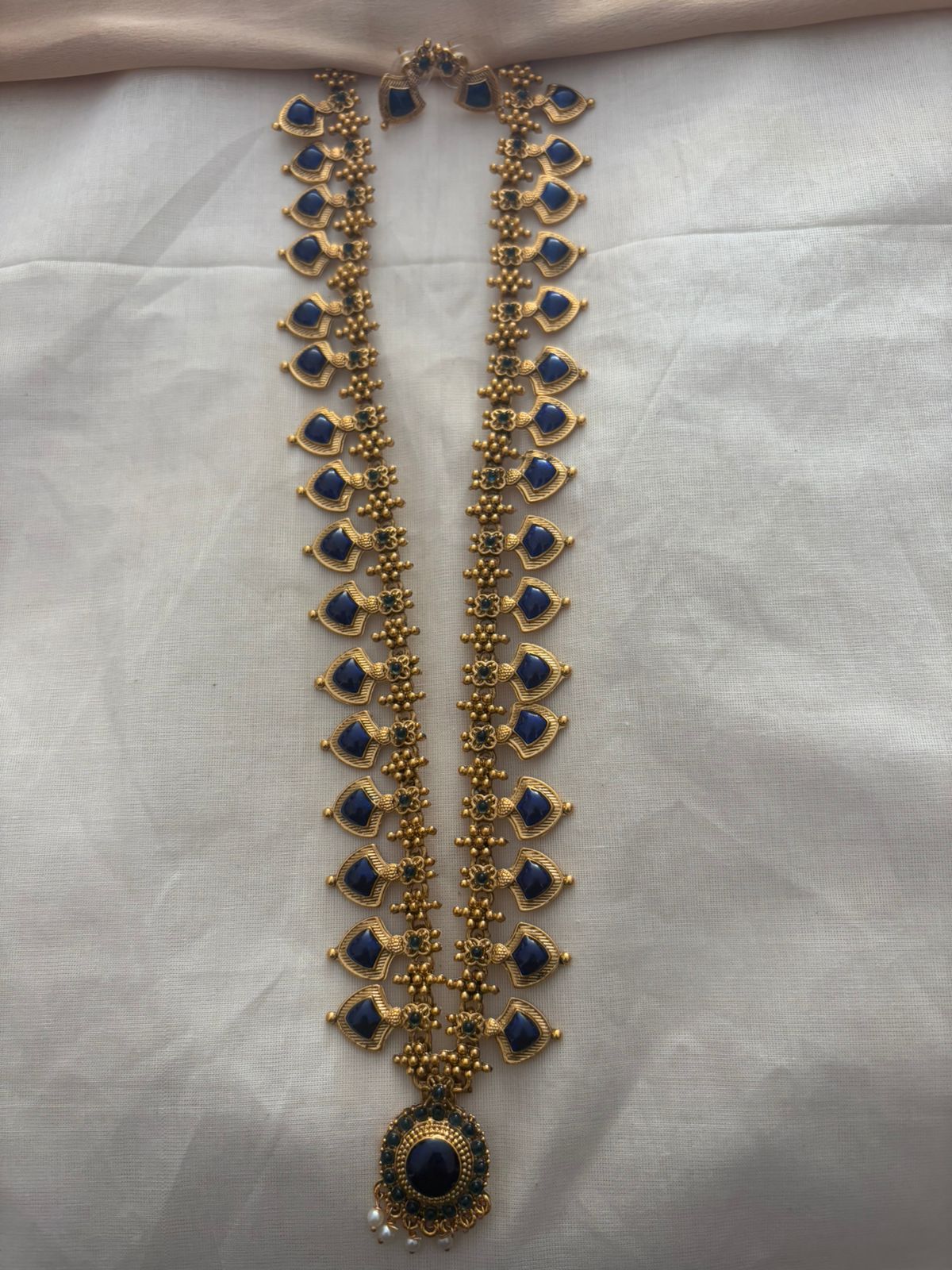 Long Palakka Necklace – Traditional Matte Gold Finish with Red, Blue, and Green Stones