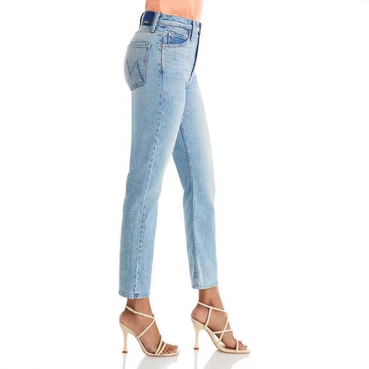 High Waist Light Blue Stretch Slim-fitting Small Straight Cropped Jeans For Women