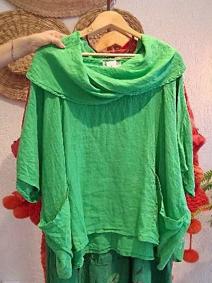 Women's Draped Neckline Three-quarter Sleeve Linen Pocket Top