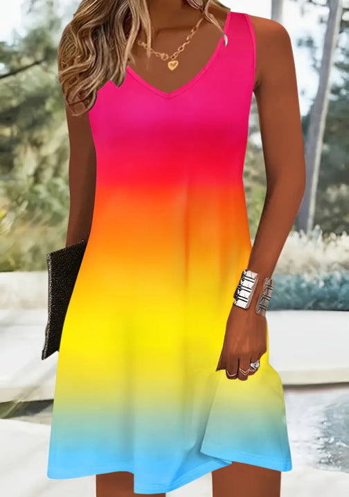 Casual Digital Printed V-neck Dress Vest Pockets Beach Dress