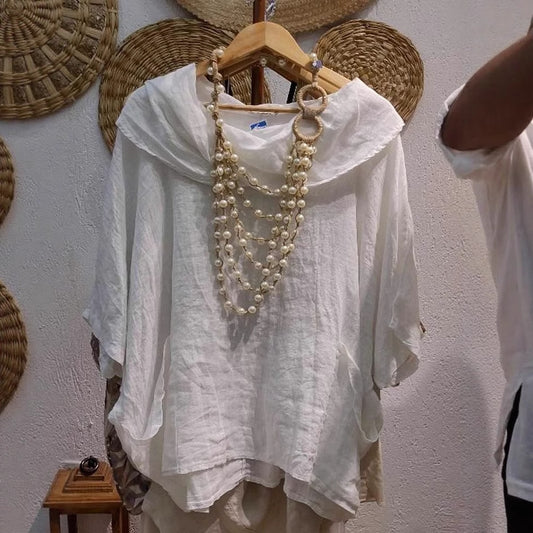 Women's Draped Neckline Three-quarter Sleeve Linen Pocket Top