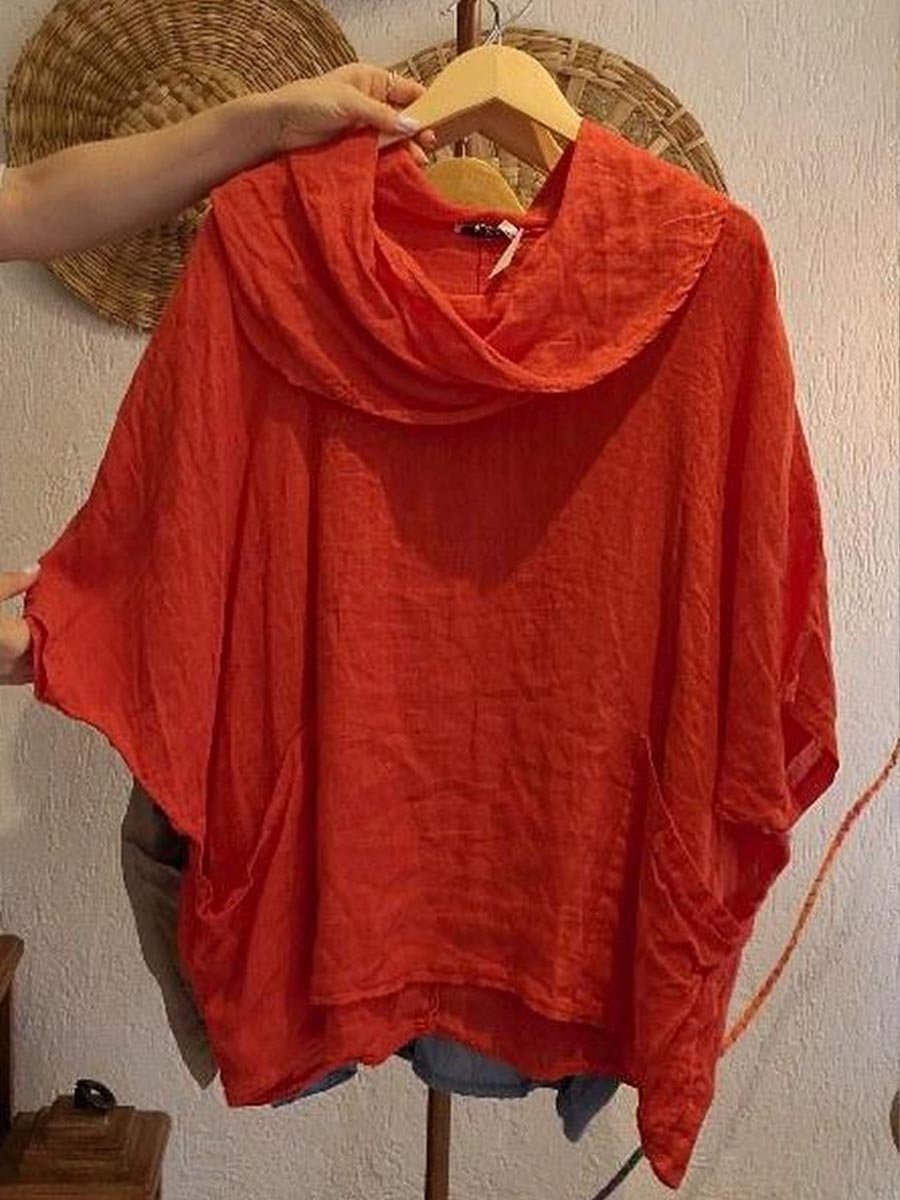 Women's Draped Neckline Three-quarter Sleeve Linen Pocket Top