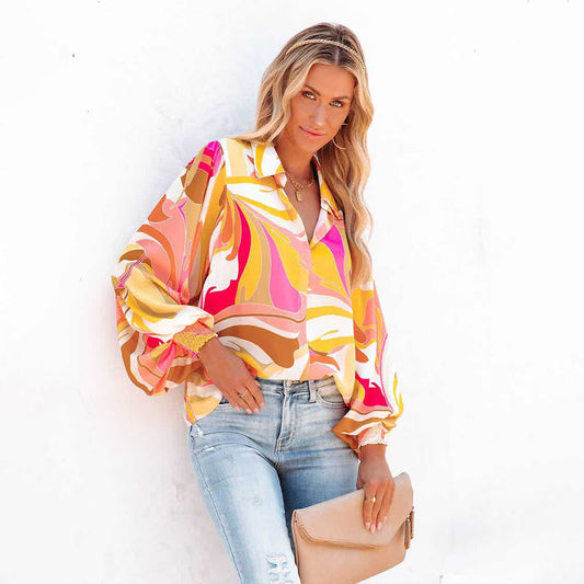 Lantern Sleeve Lapel Cardigan Casual Shirt For Women