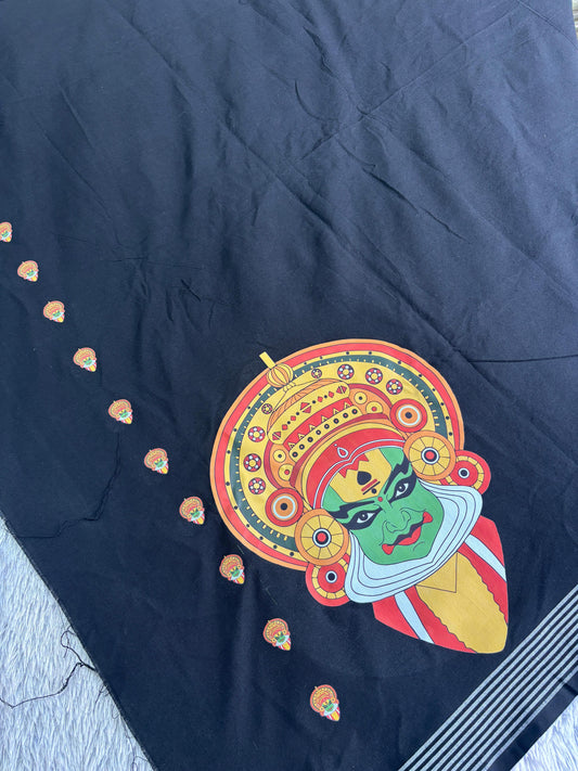 Black Theyyam & Kathakali Print Premium Cotton Dhothi – 4.00 mtrs