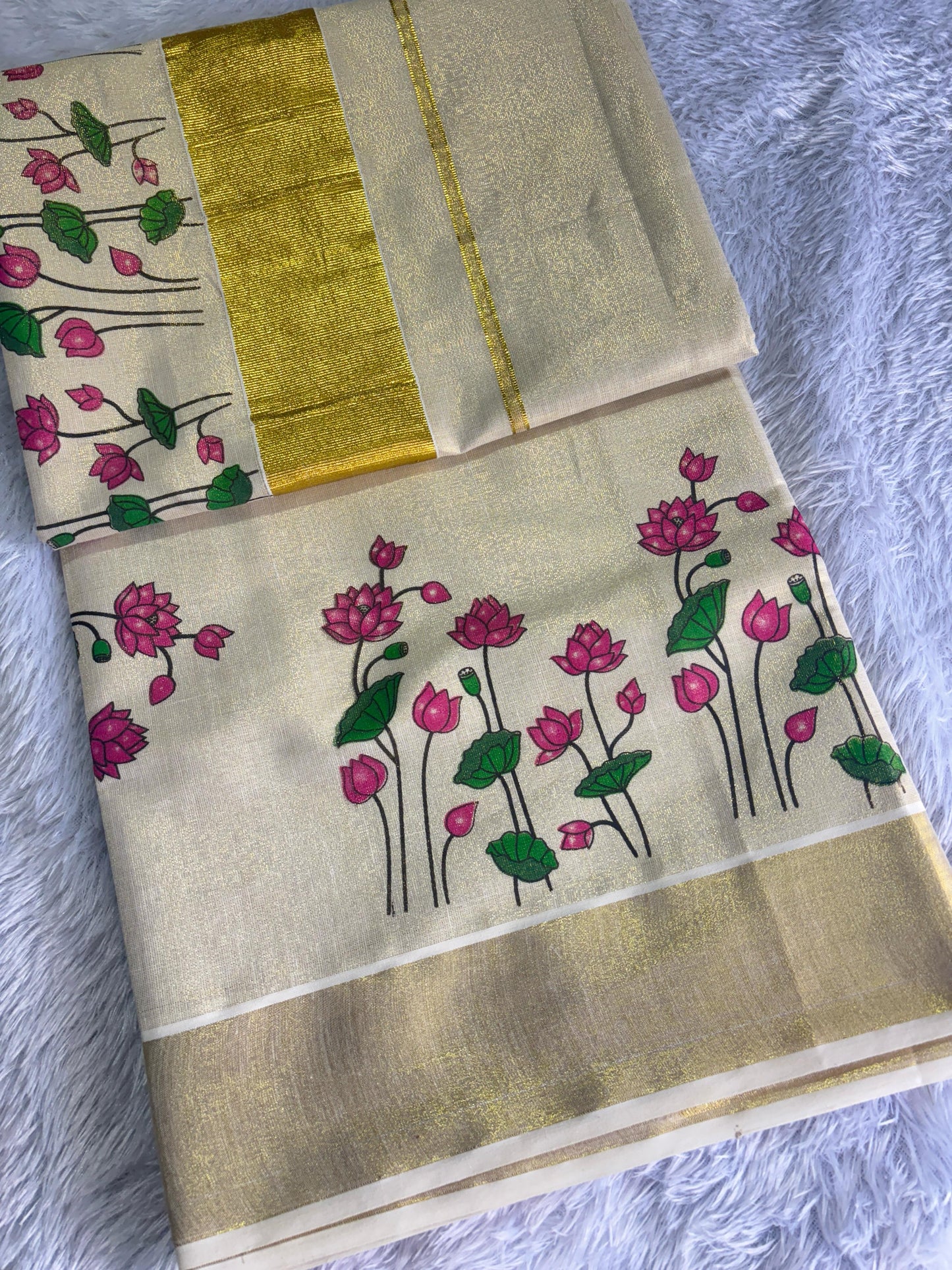 Lotus Motif Premium Golden Tissue Saree – 6.25 mtrs | Velocentra Hub