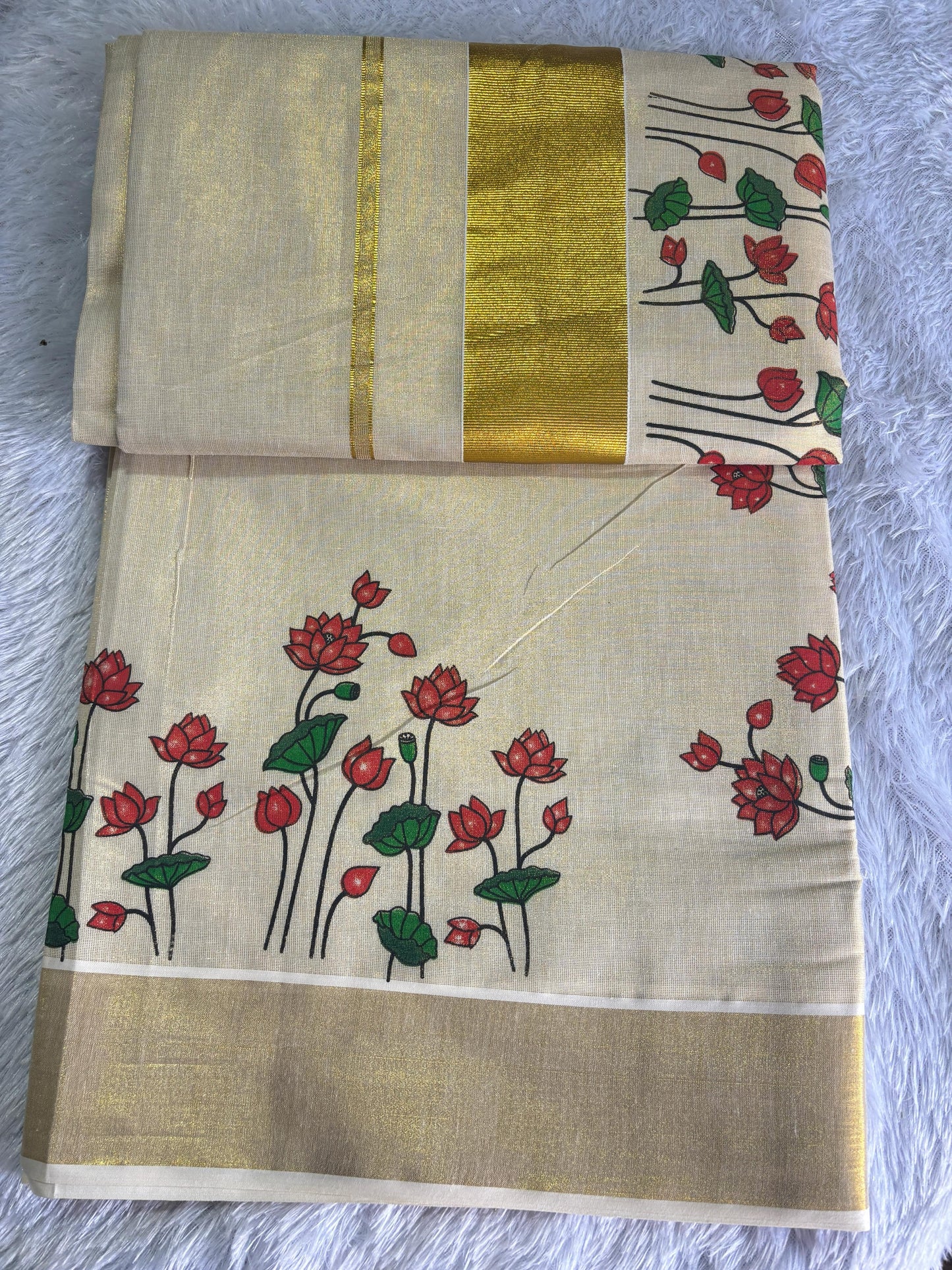 Lotus Motif Premium Golden Tissue Saree – 6.25 mtrs | Velocentra Hub