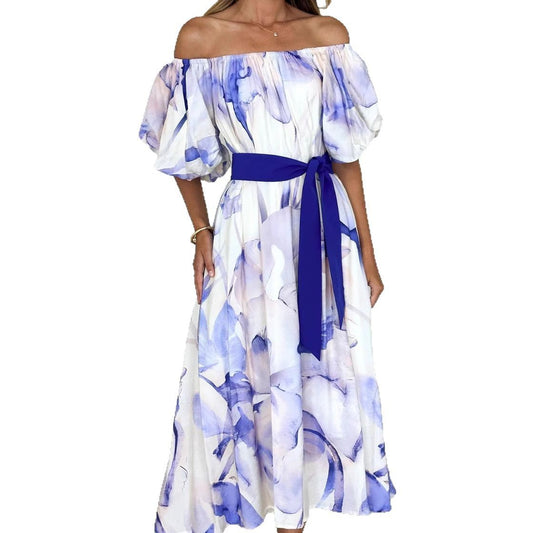 European American Summer New Temperament Shoulder Waist Puff Sleeve Printed Large Swing Dress