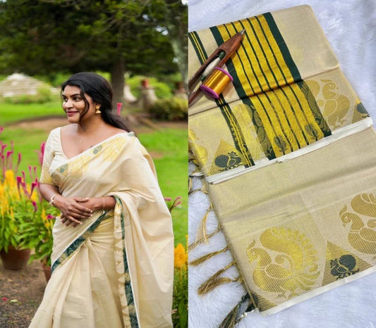 Peacock Motif Golden Tissue Set Saree – Premium Kerala Traditional Wear | Velocentra Hub UK