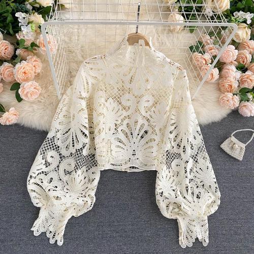 Design Sense Lace Hollow Top Stand-up Collar Puff Sleeve Loose Shirt