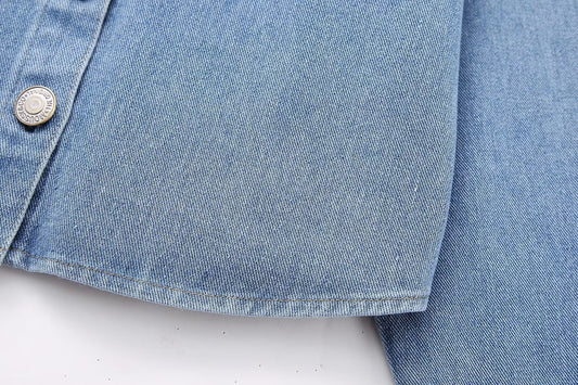 Long Sleeve Rhinestone Short Denim Shirt