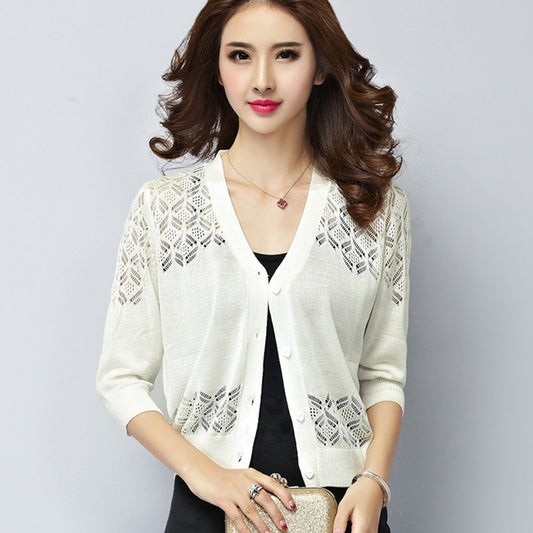 V-neck Short Outer Wear Cardigan Hollow-out Knitted Coat