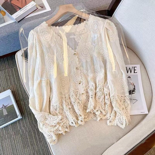 Fashion Hollowed-out V-neck Loose Sweater For Women Cardigan Top