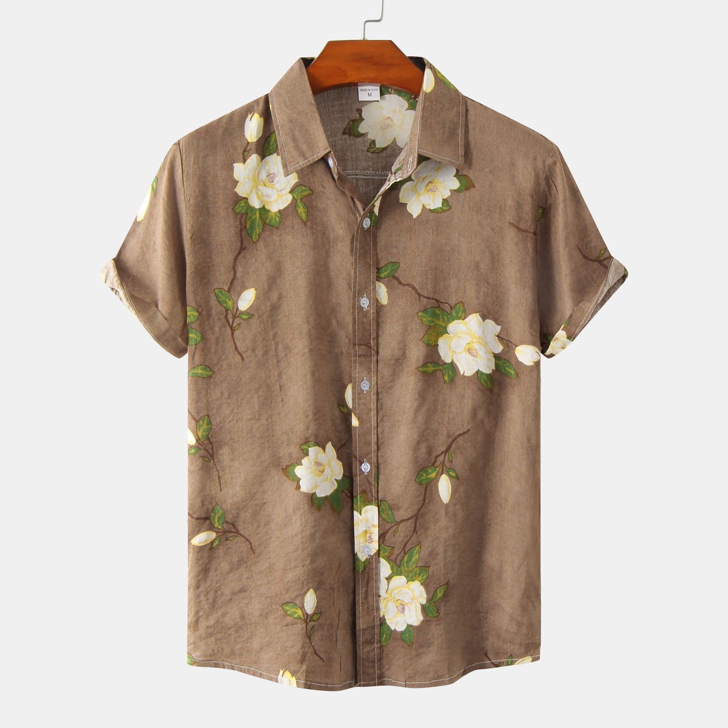 Men's Loose Printed Cotton And Linen Short-sleeved Shirt