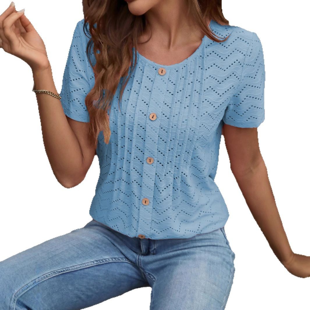 European And American Women's Clothing Casual Round Neck Pleated Single-breasted Short Sleeve