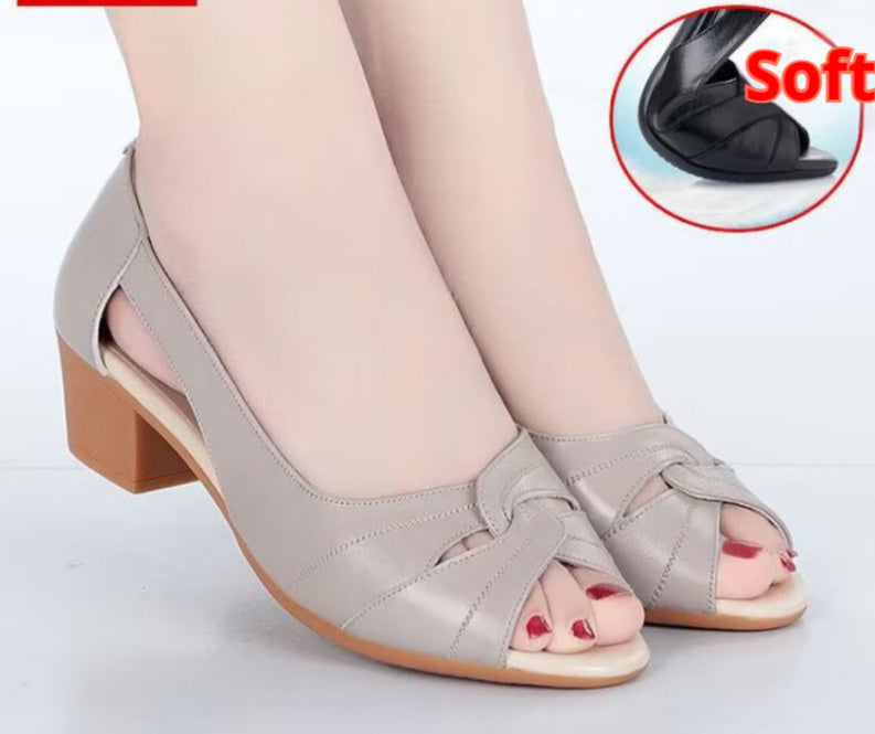 Peep Toe Mother Sandals Hollow-out Roman Style Mid Heel