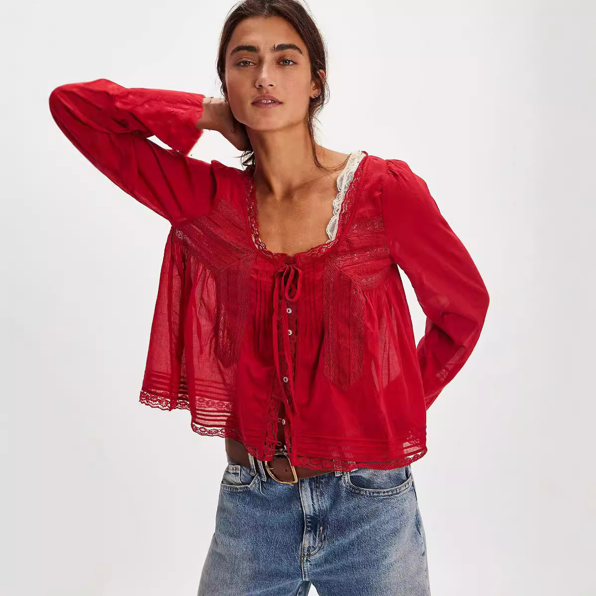 Lace U-shaped Lace Collar Long Sleeve Light Shirt