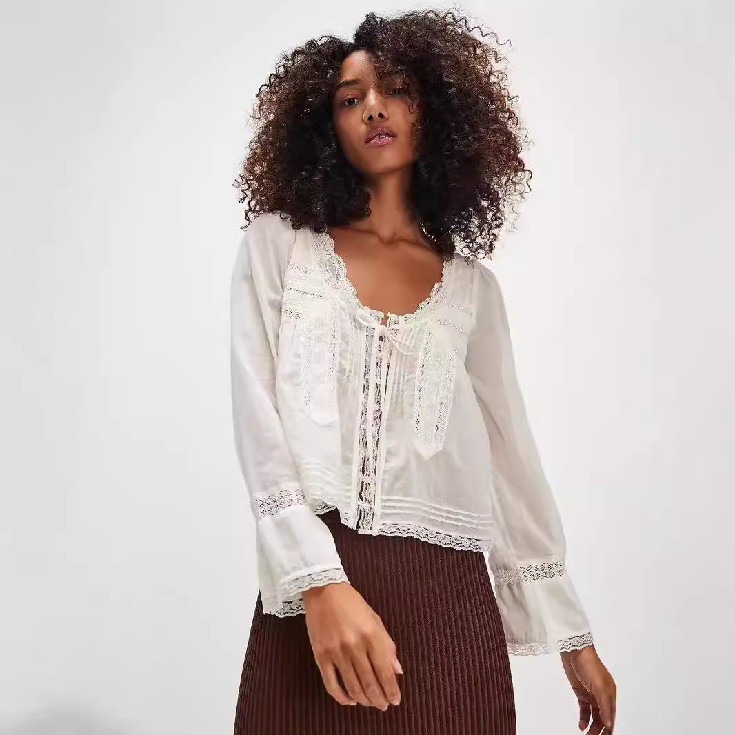 Lace U-shaped Lace Collar Long Sleeve Light Shirt