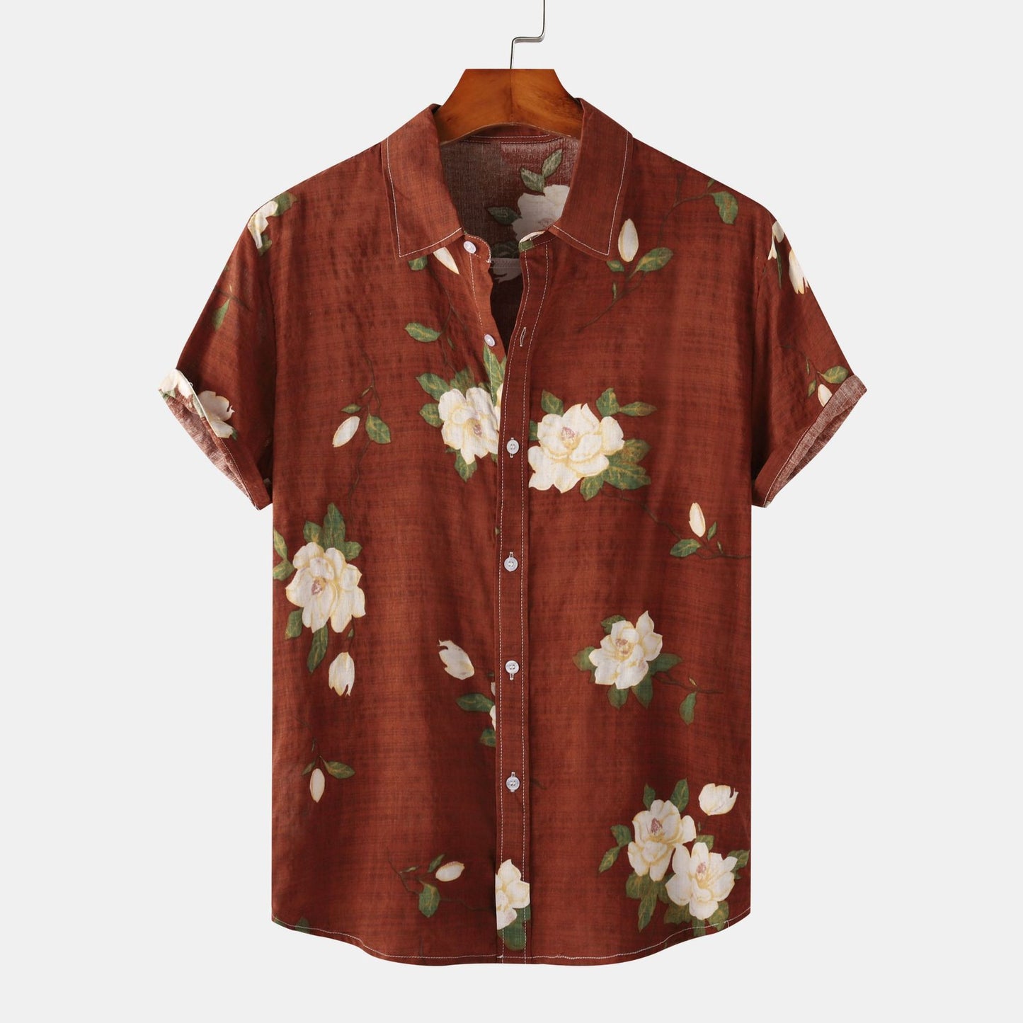 Men's Loose Printed Cotton And Linen Short-sleeved Shirt