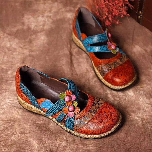 Retro British Floral Leather Combination Wild Little Girls Striped Wedge Flat Ladies Single Sandals