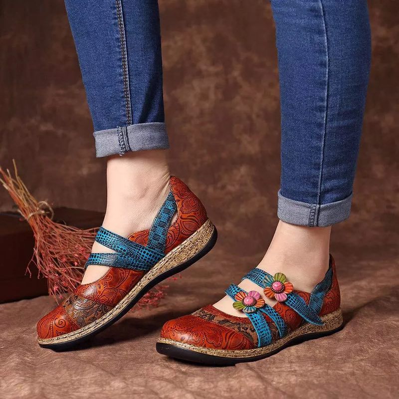 Retro British Floral Leather Combination Wild Little Girls Striped Wedge Flat Ladies Single Sandals