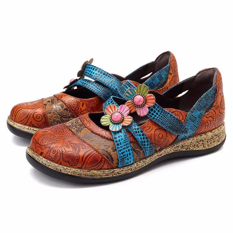 Retro British Floral Leather Combination Wild Little Girls Striped Wedge Flat Ladies Single Sandals