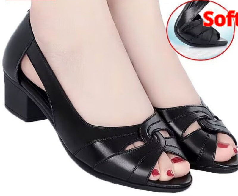 Peep Toe Mother Sandals Hollow-out Roman Style Mid Heel