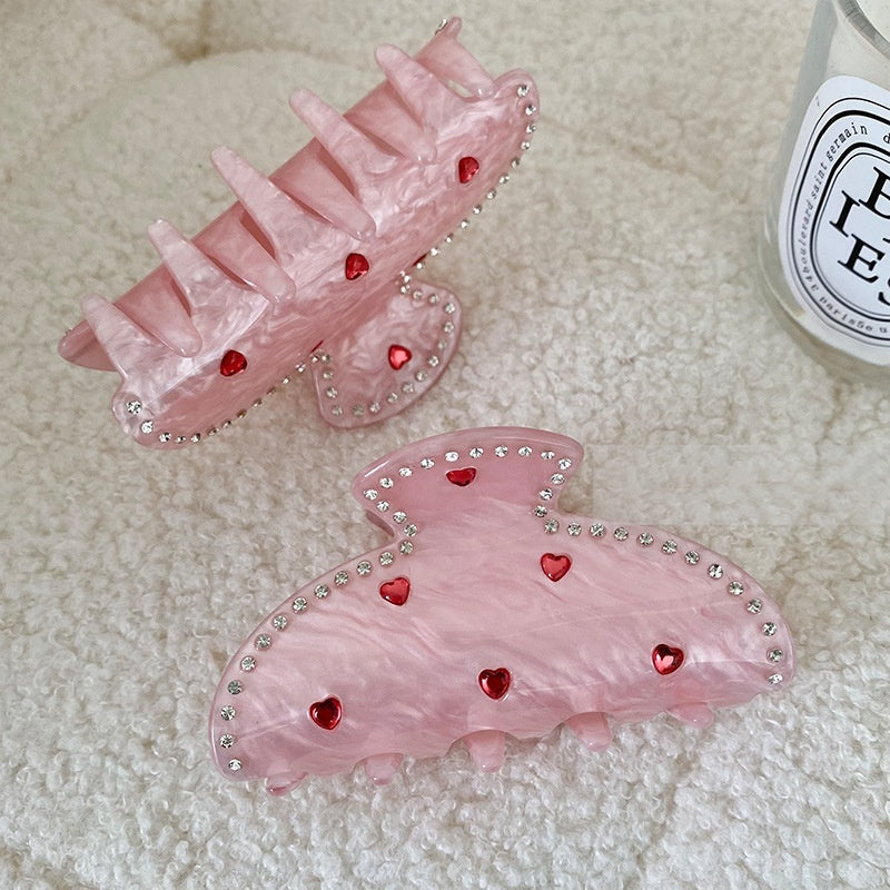 Exquisite Rhinestone Love Pink Grip Japanese And Korean Ins Sweet Girly Exquisite Back Head Shark Clip New Female