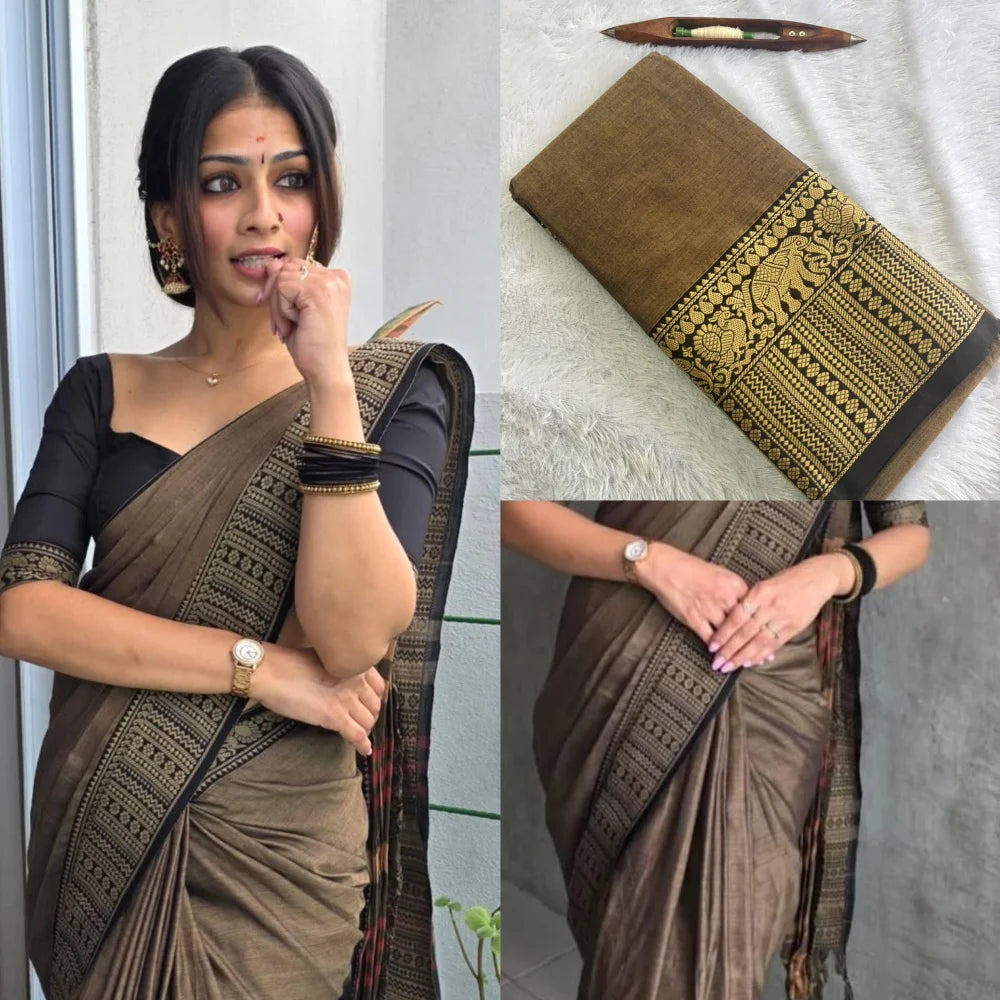 Premium Cotton Saree with Traditional Zari Border – 6.10 Mtrs