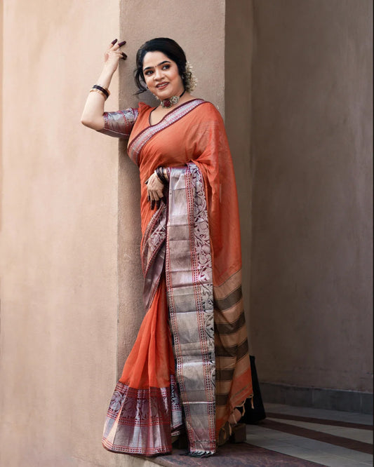 Elegant Orange Cotton Saree with Silver Saree Border