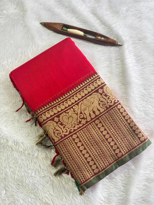 Red Cotton Saree with Golden Elephant & Floral Zari Border – 6.10 Meters