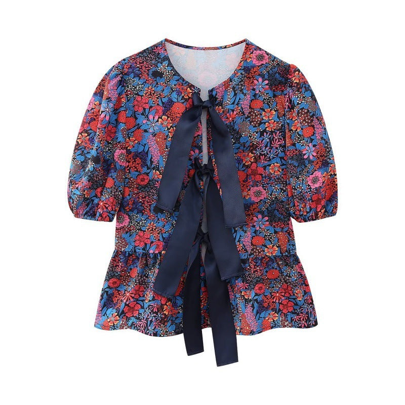 Flower Print Bowknot Decoration Short Sleeve Top Straight Casual Trousers Suit