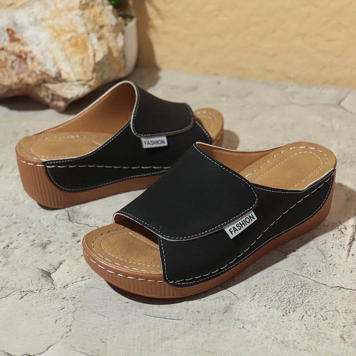 Summer Wedge Slides Slippers Fashion Fish Mouth Thick Bottom Roman Shoes Solid Color Beach Sandals For Beach Sandals For Women