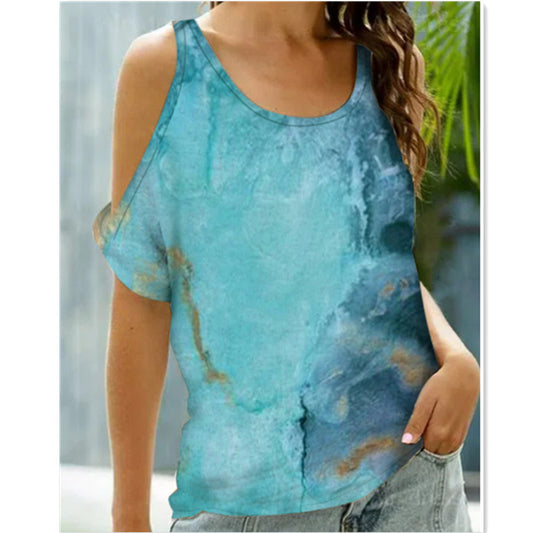 Fashion Tie-dye Print Short Sleeve Pullover Curb Shoulder