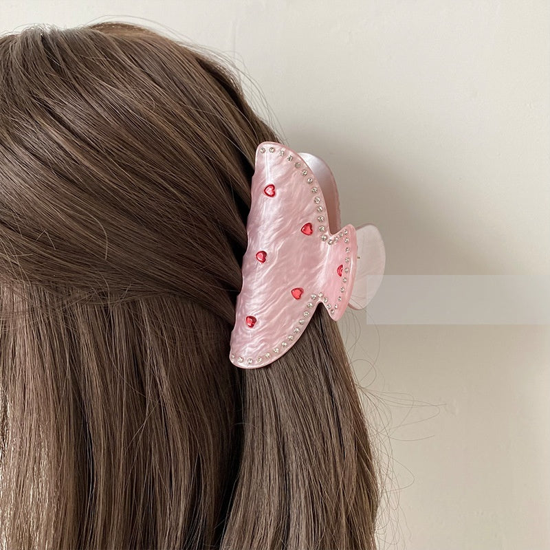 Exquisite Rhinestone Love Pink Grip Japanese And Korean Ins Sweet Girly Exquisite Back Head Shark Clip New Female