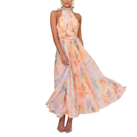 Women's Clothing Vacation Style Sleeveless Printed Backless Dress