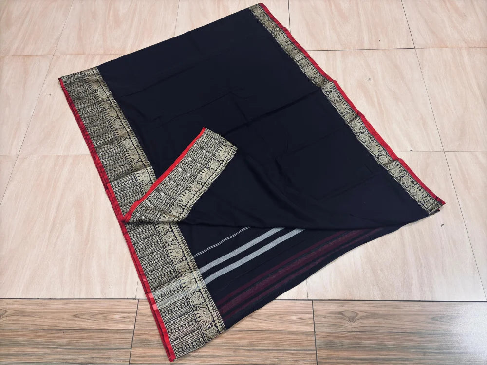 Black Cotton Saree with Red & Gold Zari Border – 6.10 Meters