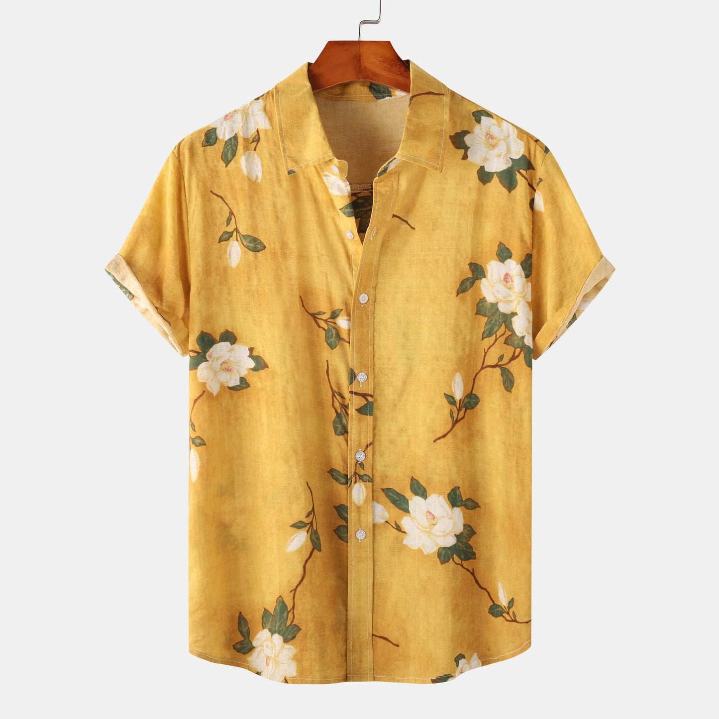Men's Loose Printed Cotton And Linen Short-sleeved Shirt