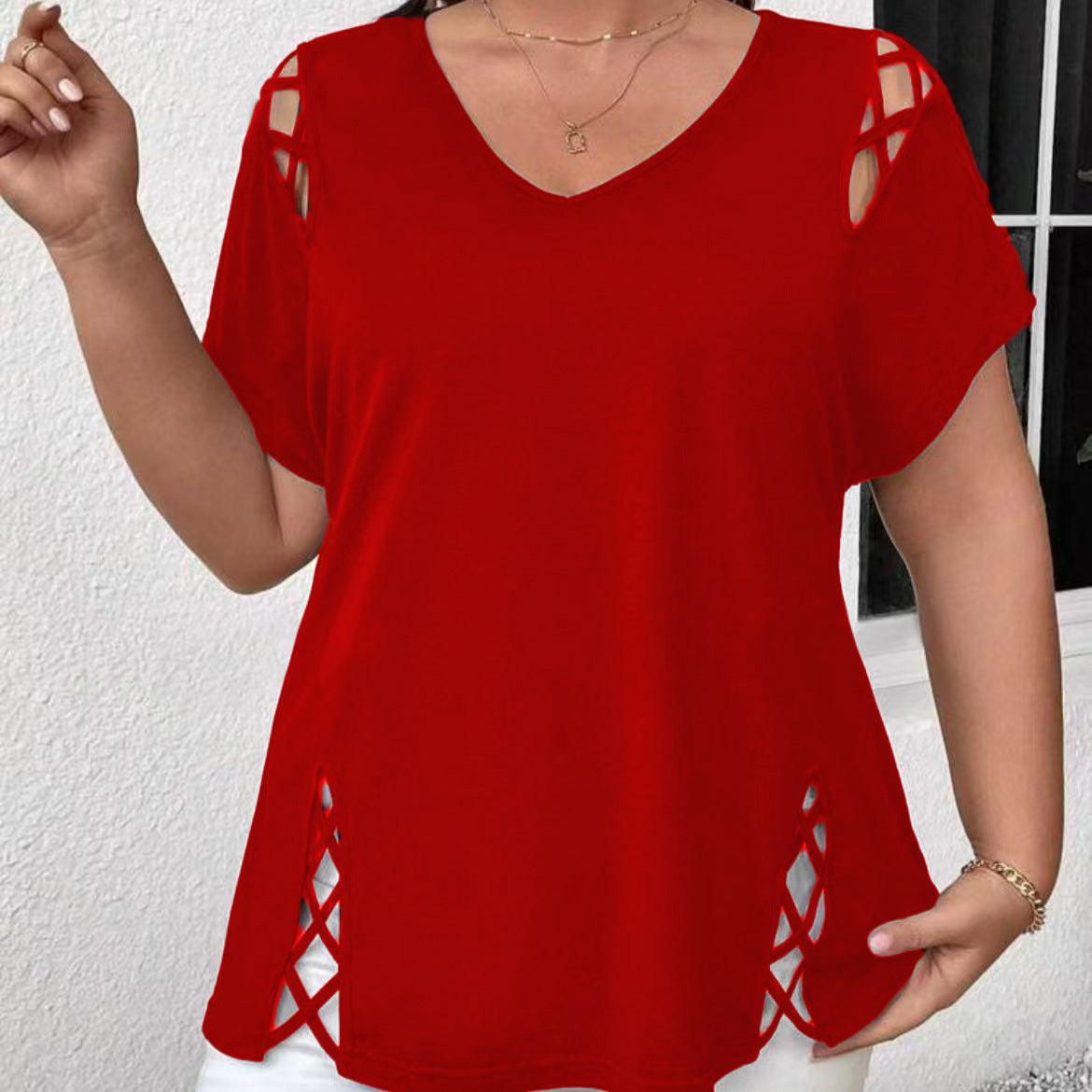 Women's European And American V-neck Cross-strap Short-sleeved T-shirt