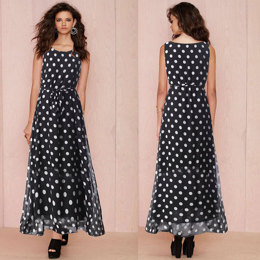 Black And White Polka Dot Chiffon Big Swing Suspender Dress
